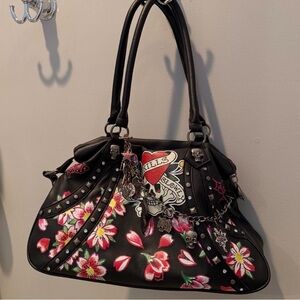 Ed Hardy Black Floral Skull Charm Satchel Bag